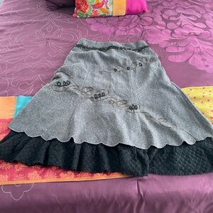 Gray and Black A-Line Knee-Length Skirt with Ruffled Hem for Casual